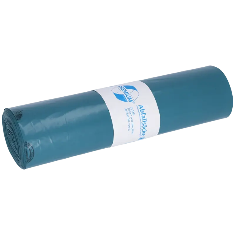 Abgebildet ist eine Rolle EMIL DEISS KG (GmbH + Co.) DEISS 10035 Müllsäcke, blau, 700x1100x0,06 mm, 25 Stück pro Rolle, mit einem weißen Etikett mit Text und Logo auf weißem Hintergrund.