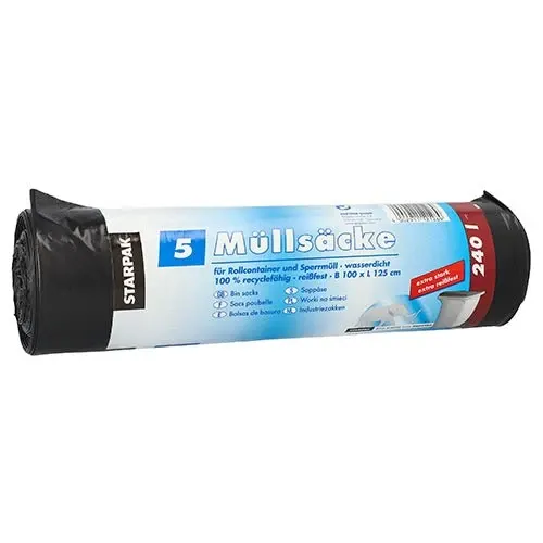 Starpak 5 Müllsäcke, schwarz, 240l (100x125cm), aus 100% recycelbarem LDPE mit deutscher Banderole.