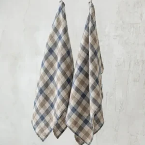 Set of 2 Linen Kitchen Towels Gingham Blue Natural Epic Linen