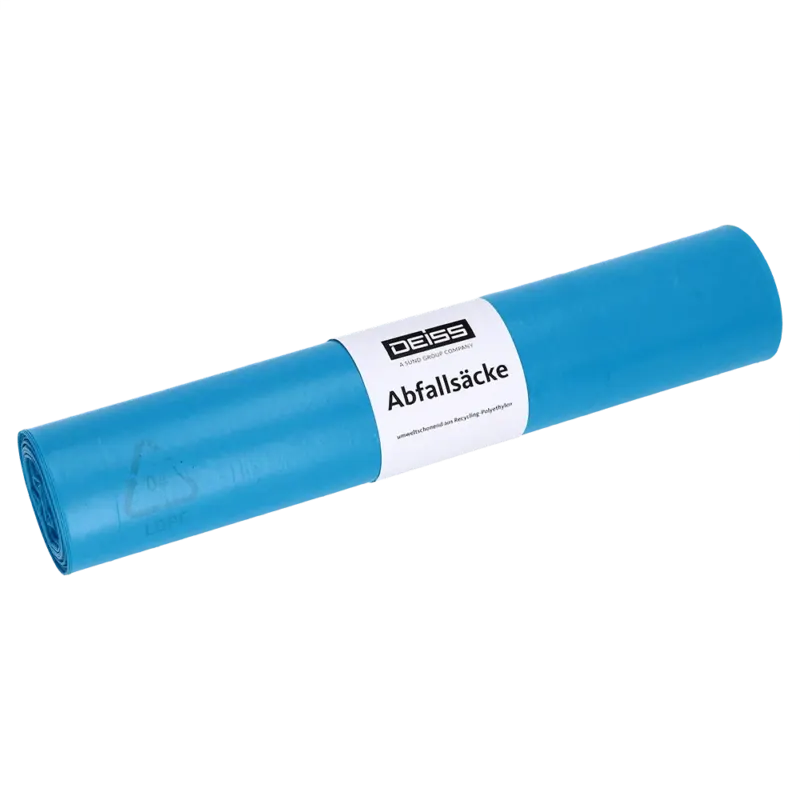 Abgebildet ist eine blaue Rolle DEISS 20740 Müllsäcke (575x1000 mm, 25 Stück) der EMIL DEISS KG (GmbH + Co.) mit weißem Etikett auf einfarbig weißem Hintergrund.