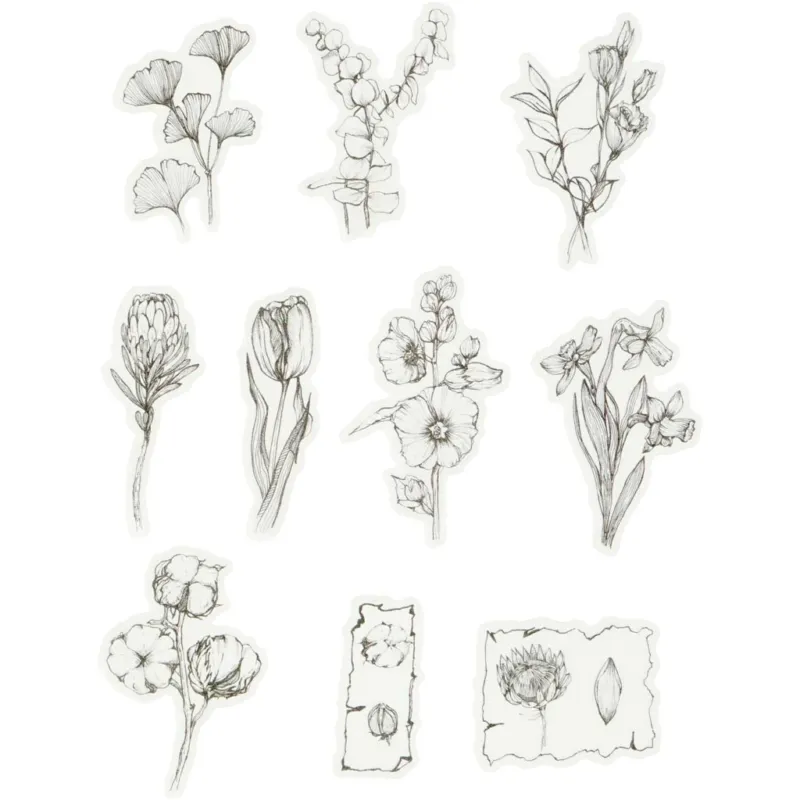 Masking tape stickers, black/white flowers, size 30-50 mm, 30 pc