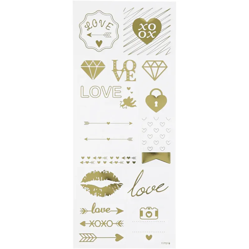 Stickers, love, sheet 10x24 cm, ca. 14 pc, gold, 1 sheet
