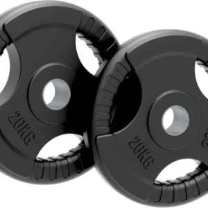 Zwei gummierte Olympia Hantelscheiben mit Tri-Grip, jeweils 25 kg, in schwarzer Farbe, mit rutschfestem Griff und präzisen Gewichtsinformationen