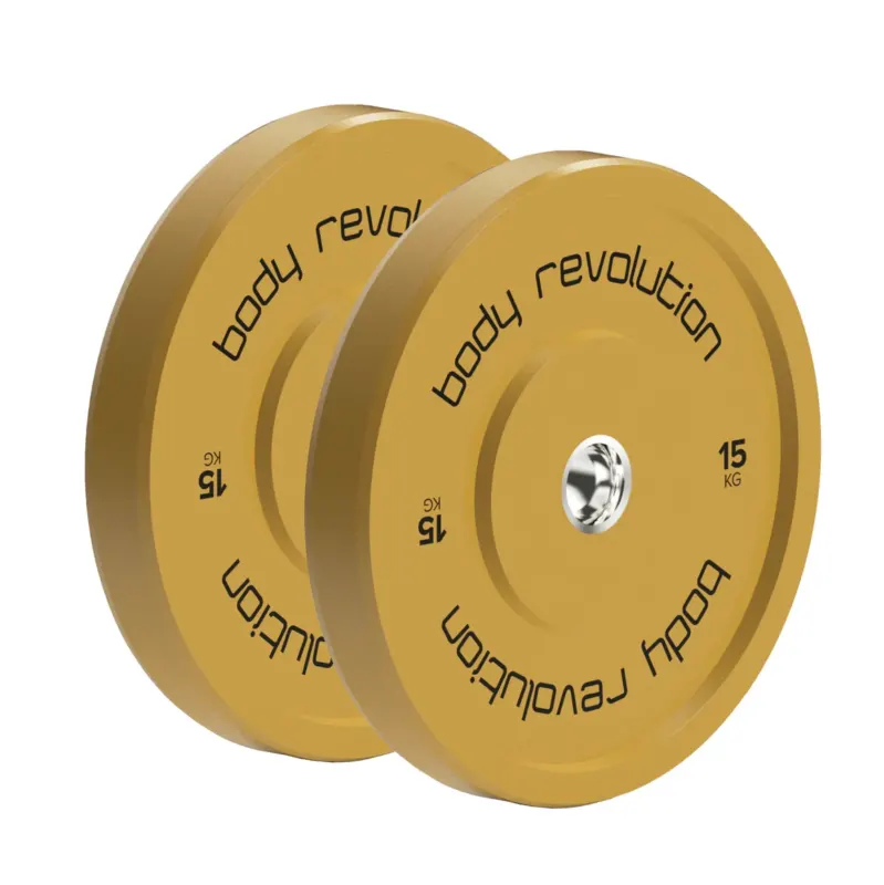 Zwei gelbe Olympische Bumper Plates von Body Revolution, jeweils 15 kg, mit glatter Oberfläche und klarer Beschriftung für einfaches Gewichtlesen