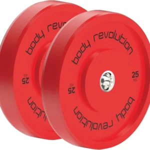 Rote Olympische Bumper Plates von Body Revolution, jeweils 25 kg, aus strapazierfähigem Gummi, mit glatter Oberfläche und präziser Beschriftung