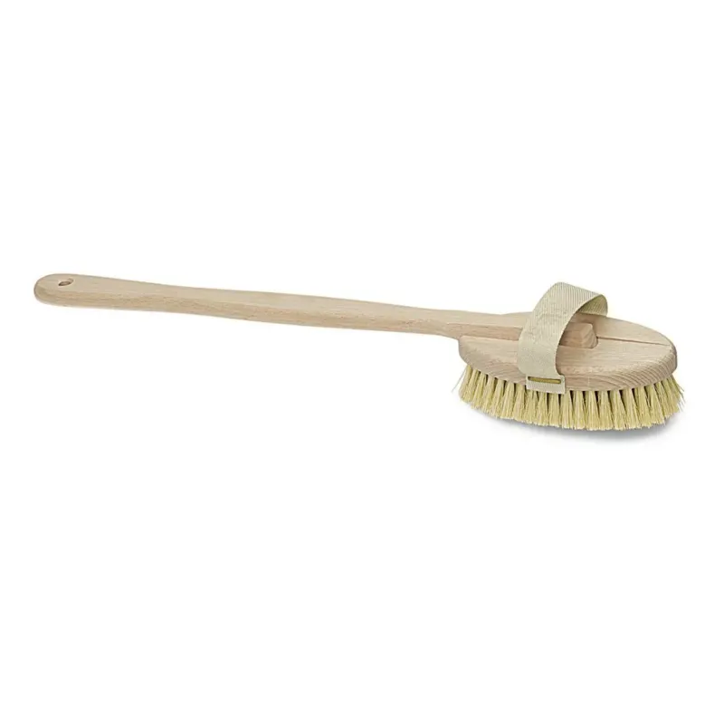 Die Nölle Profi Brush Badebürste (48 cm) mit hitzebeständigen Naturfibre-Borsten, mittelhartem, langem Holzgriff und Textilband eignet sich perfekt für die Körperpflege unter der Dusche oder beim Baden.