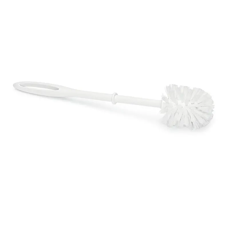 Die Nölle Profi Brush WC-Bürste von Nölle Profi Brush Bürsten- & Pinseltechnik e.K. hat einen kleinen runden Kopf mit 65 mm Durchmesser, ist 38 cm lang und hat ein weißes Kunststoffdesign mit einem ovalen Loch am Griffende.