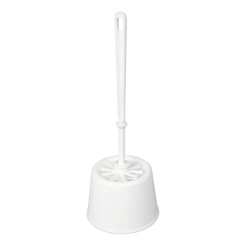 Die Nölle Profi Brush WC-Garnitur, Topform (Ø 75 mm, weiße PP-Borste) von Nölle Profi Brush Bürsten- & Pinseltechnik e.K. ist eine weiße WC-Bürste mit Halter, die sich ideal für die hygienische Reinigung eignet und aufrecht vor weißem Hintergrund steht.
