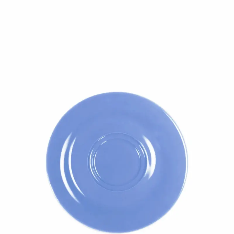 Ein runder, flacher Teller in einem sanften Blauton. Die Oberfläche ist glänzend und gleichmäßig, mit einem schlichten, eleganten Design. Der innere Rand des Tellers hat eine leicht vertiefte Form, während der äußere Rand sanft ansteigt. Der Hintergrund ist einfarbig, was das Hauptmotiv hervorhebt.