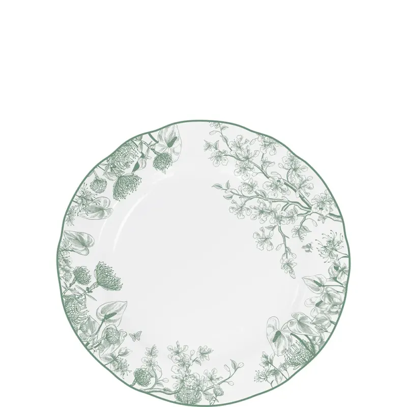 Jardin Vert zeigt ein fein ausgearbeitetes Naturdekor in einem hellen, lebendigen Grünton. Die botanischen Illustrationen legen sich dicht entlang der Ränder und rahmen Teller und Tassen mit einer klaren, ausdrucksstarken Bildsprache. Jedes Blatt, jede Pflanze wirkt dabei sorgfältig komponiert, fast wie eine kleine Momentaufnahme aus der Natur.
