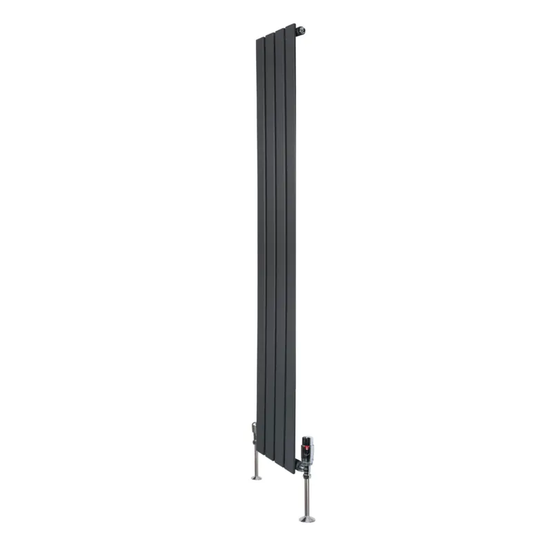 Flachheizkörper in Anthrazitgrau, 1600mm x 280mm, mit vertikalen Lamellen und modernen Ventilen, ideal für stilvolle Heizlösungen