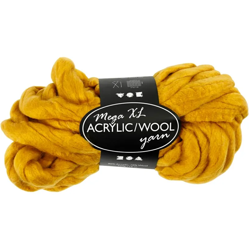 Chunky Yarn of Acrylic/Wool, L: 15 M, size mega, dark yellow, 300 g/ 1 ball