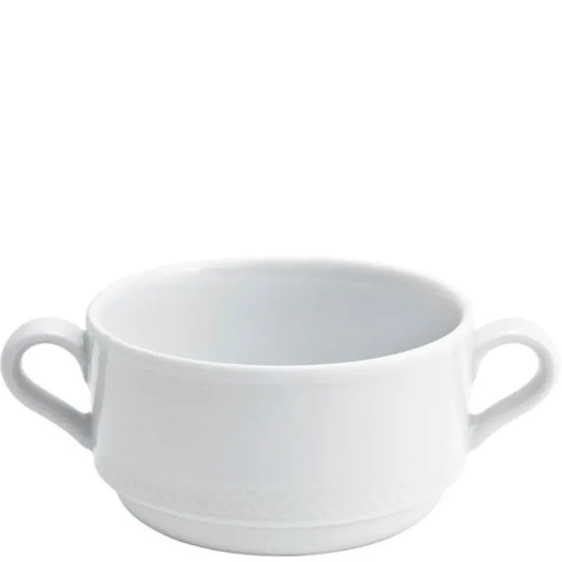 Eine weiße, runde Porzellan-Schüssel mit zwei seitlichen Griffen. Die Schüssel hat eine schlichte, elegante Form und einen dezenten Zierstreifen um den Rand. Sie ist ideal für Suppen, Saucen oder Beilagen und eignet sich sowohl für den täglichen Gebrauch als auch für besondere Anlässe. Der glatte, glänzende Porzellanoberfläche verleiht ihr ein zeitloses Aussehen.