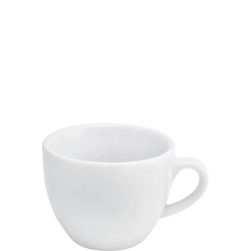 Weiße Porzellan-Tasse mit einem kleinen, runden Durchmesser und einem seitlichen Henkel. Die Tasse hat eine glatte, glänzende Oberfläche und ist innen ebenfalls weiß. Sie steht auf einem neutralen, hellen Hintergrund. Ideal für Espresso oder kleine Portionen von Getränken.