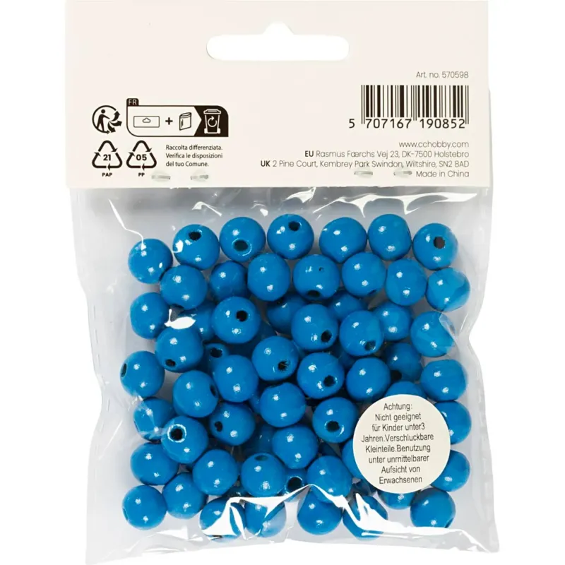 Wooden Beads, dia. 10 mm, hole size 3 mm, ca. 70 pc, blue, 20 g
