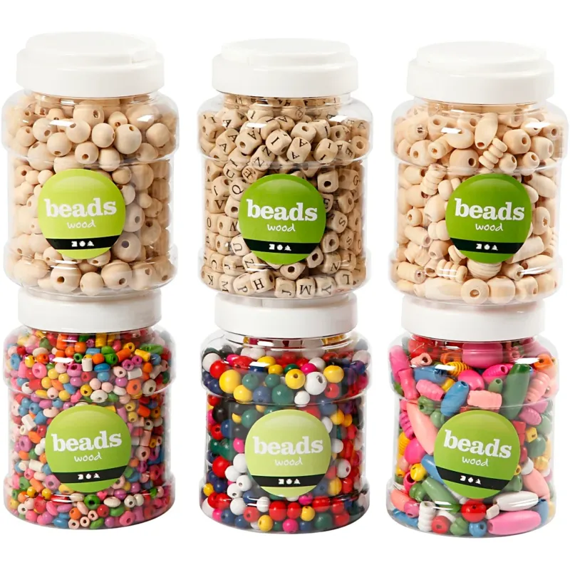 Wooden Beads, dia. 5-25 mm, 6x200 g, 6x400 ml