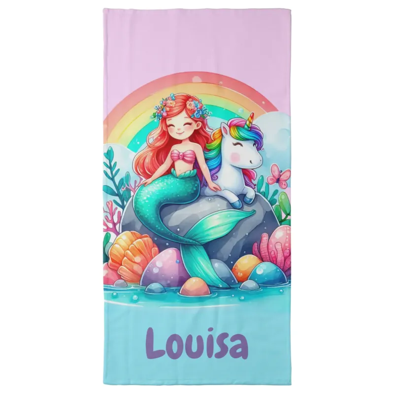 Bild: Personalisiertes Kinder Handtuch & Duschtuch mit Namen - Meerjungfrau & Einhorn.