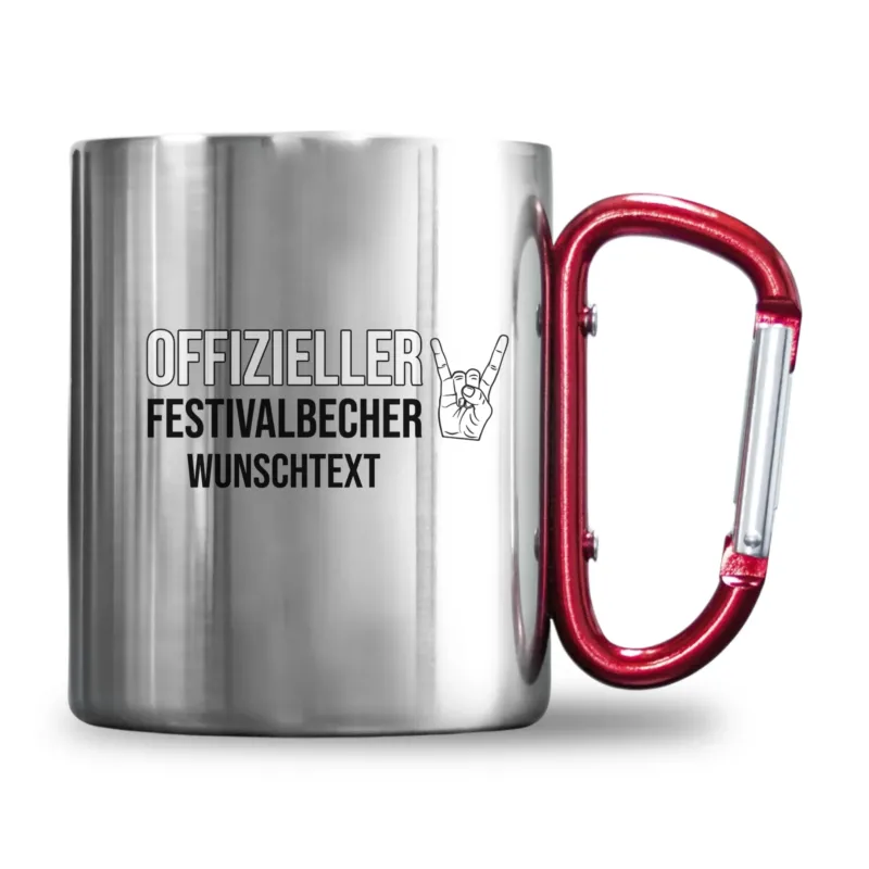 Bild: Personalisierte Edelstahl-Tasse mit Karabiner - Offizieller Festivalbecher + Wunschtext oder Name.