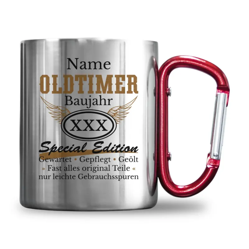 Bild: Personalisierte Edelstahl-Tasse mit Karabiner - "Name" Oldtimer Baujahr "Geburtsjahr" Special Edition - Lustiges Geschenk zum Geburtstag, Geburtstagsgeschenk.