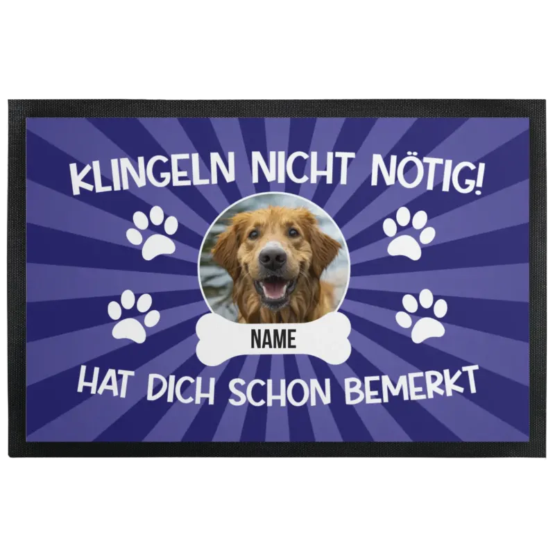 Bild: Personalisierte Hunde Fußmatte mit Gummilippe - Klingeln nicht nötig! "Hundename" hat dich schon bemerkt - mit Foto.