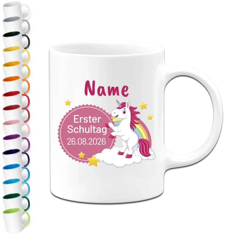 Personalisierte Tasse - Erster Schultag mit Datum & Name - Design Einhorn - Geschenk zur Einschulung