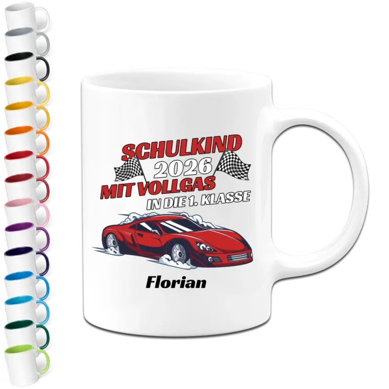 Personalisierte Auto Tasse - Schulkind Mit Vollgas in die 1. Klasse mit Datum und Namen - Geschenk zur Einschulung
