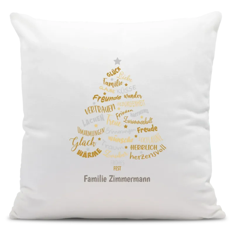 Bild: Personalisiertes Weihnachts-Kissen - Glück, Liebe Familie - Tannenbaum-Gold - mit Namen.