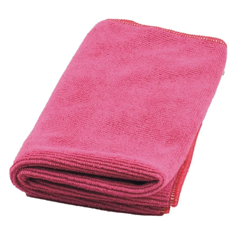 Ein gefaltetes rosa TASKI MicroQuick Mikrofasertuch von Diversey Deutschland, sichtbar strukturiert und mit genähten Kanten vor weißem Hintergrund – hochwertig & robust, ideal für effiziente Reinigung (5 Stk.).