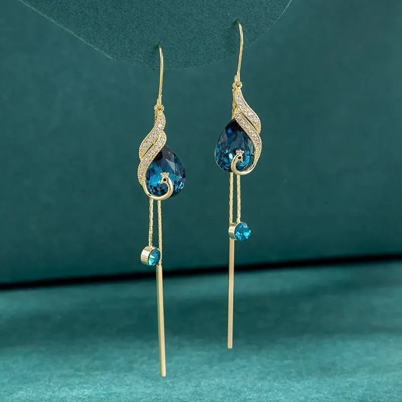 Korean Style Blue Crystal Phoenix Earrings - Image 0