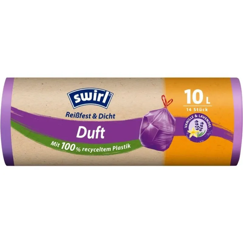 Eine Rolle Swirl Duft-Müllbeutel Vanille-Lavendel 10l Reißfest & Dicht hochkant (14 Beutel) von Melitta Europa GmbH & Co. KG bietet starke, auslaufsichere Müllbeutel mit Vanille-Lavendel-Duft und deutscher Verpackung.