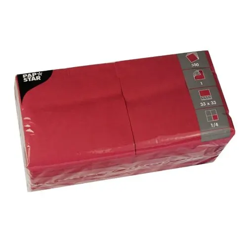 Abgebildet ist eine versiegelte Kunststoffpackung PAPSTAR GmbH 500 Servietten, 1-lagig 1/4-Falz, 33 x 33 cm, für den Einsatz in der Gastronomie auf weißem Hintergrund.