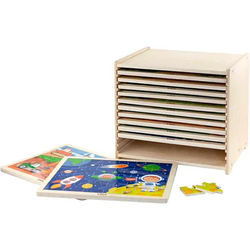 VIGA jigsaw puzzle rack with 12 puzzles, H: 275, L: 315 mm, W: 235 mm, size 31x27x23 cm, 12X24 puzzle pieces, 12 parts/ 1 set