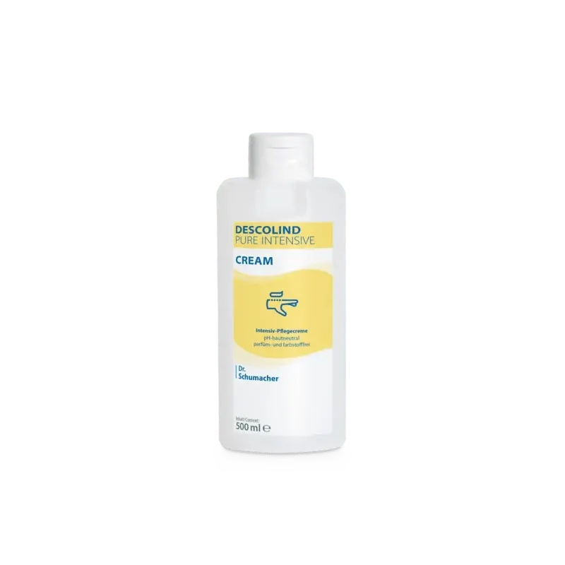 Abgebildet ist eine weiße 500-ml-Plastikflasche der Dr. Schumacher Descolind Pure Intensivcreme der Dr. Schumacher GmbH, unparfümiert und für empfindliche Haut geeignet, mit einem gelb-blauen Etikett, das ein Handsymbol zeigt, auf einem schlichten weißen Hintergrund.