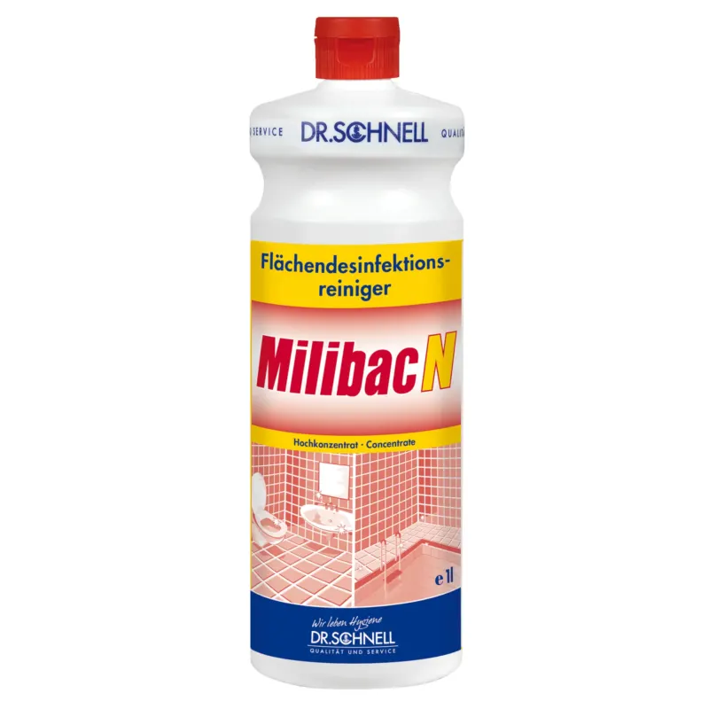 Eine 1-Liter-Flasche Dr. Schnell Milibac N Flächendesinfektion und Kalklöser von DR.SCHNELL GmbH & Co. KGaA mit rot-weißem Etikett mit gefliestem Badezimmerbild und rotem Verschluss bietet hochkonzentrierte Reinigungskraft.