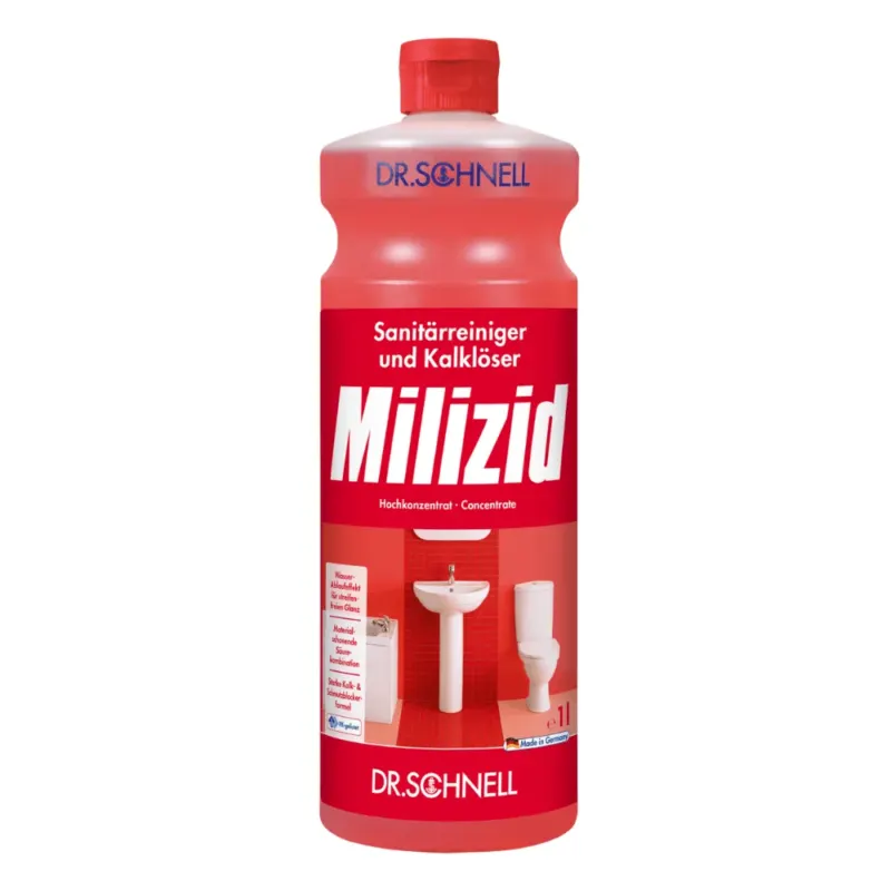 Eine rote 1-Liter-Flasche Dr. Schnell Milizid Sanitärreiniger und Kalklöser von DR.SCHNELL GmbH & Co. KGaA zeichnet sich durch starke Reinigungs- und Entkalkungseigenschaften aus. Das Etikett zeigt Bilder eines Waschbeckens und einer Toilette und betont so die effektive Reinigungswirkung.