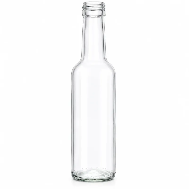 Klare 0,25-Liter-Gradhalsflasche aus Glas mit langem Hals und 28-mm-Schraubmündung auf weißem Hintergrund.