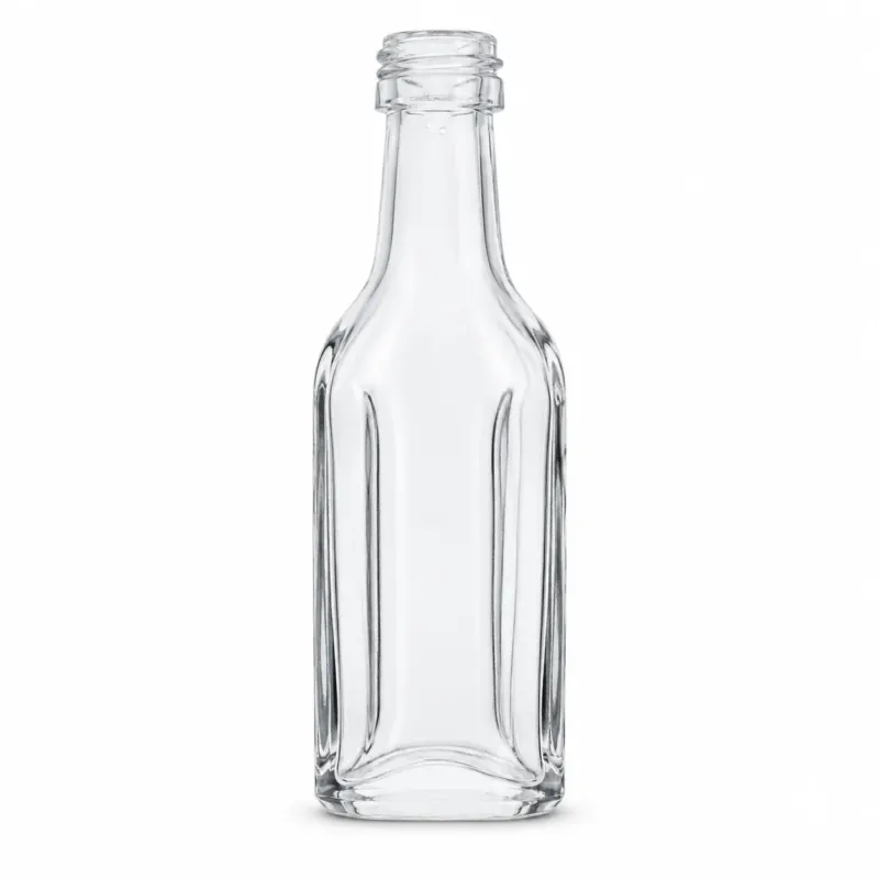 Freigestellte, klare 20-ml-Kirschwasserflasche mit facettiertem Glaskörper, kurzem Hals, Schraubmündung und massivem Glasboden auf weißem Hintergrund