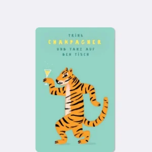 Postkarte in hellblau mit abgebildetem Tiger und gelber Schrift