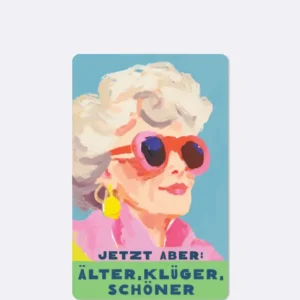 Postkarte in blau mit abgebildeter Frau und blauer Schrift
