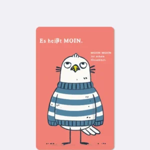 Postkarte in rot mit abgebildeter Möwe mit weißem Text