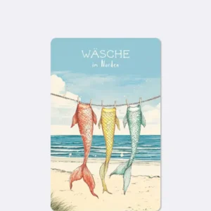 Postkarte mit Strandmotiv einer Wäscheleine mit bunter Wäsche