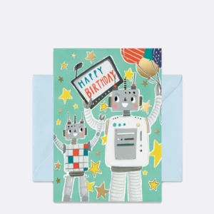 Doppelkarte mit zwei Robotern auf grünem Hintergrund und Schriftzug "Happy Birthday"