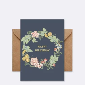 Doppelkarte mit Blumenkranz in Pastelltönen auf dunkelblauem Hintergrund mit Schriftzug "HAPPY BIRTHDAY"