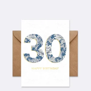 Doppelkarte mit Blumenmuster in Blau und Weiß, Schriftzug "30 HAPPY BIRTHDAY"