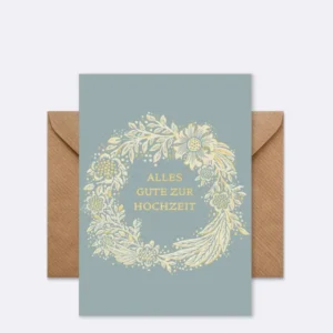 Doppelkarte mit floralem Kranzmotiv in Creme auf grauem Hintergrund und Schriftzug "ALLES GUTE ZUR HOCHZEIT"