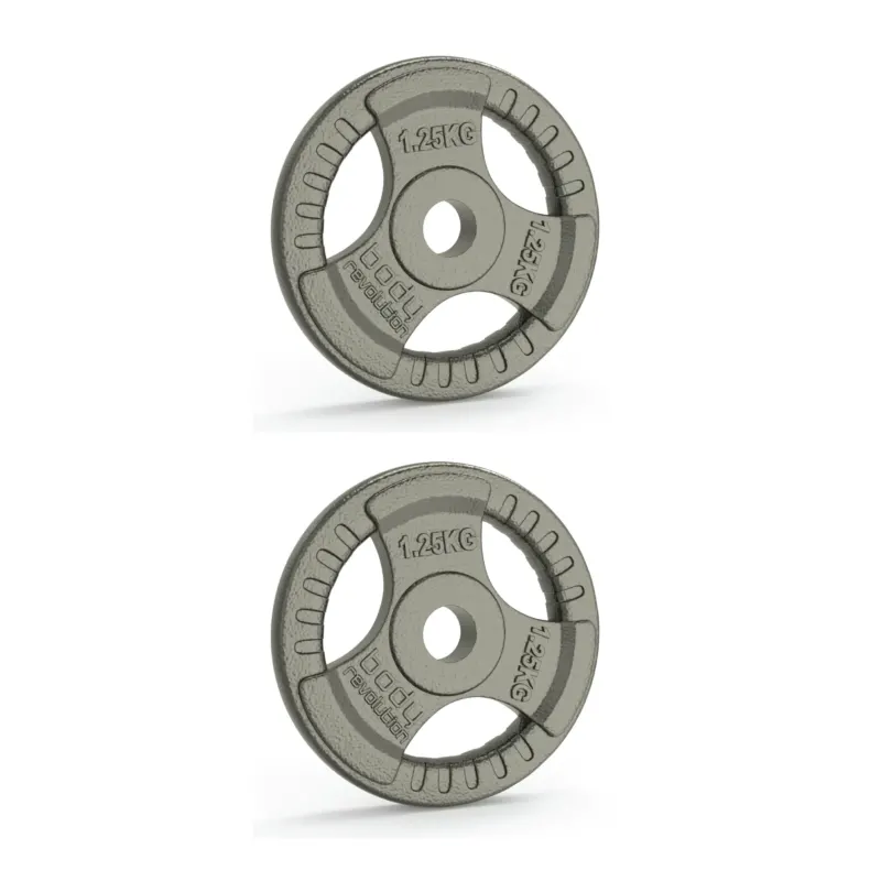 Zwei Gusseisen-Gewichtsscheiben à 1,25 kg in grauer Farbe mit Tri-Griff, ideal für Standard-Hantelstangen mit 1-Zoll-Durchmesser