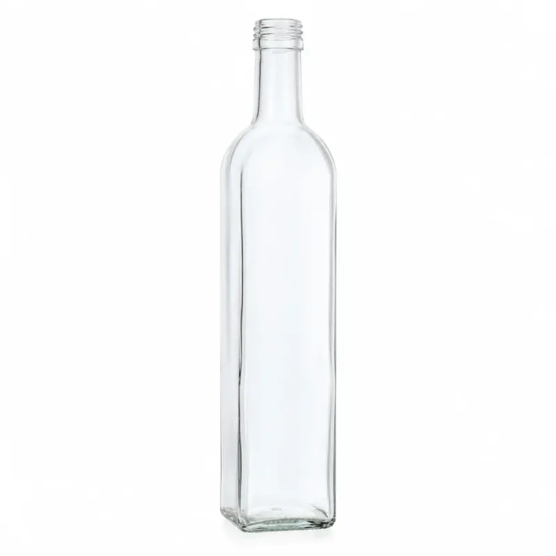 Klare 500-ml-Marasca-Vierkantflasche aus Glas mit schlankem Körper, abgerundeter Schulter und 31,5-mm-Schraubmündung auf weißem Hintergrund.