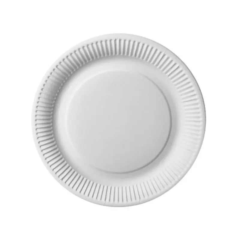 Ein PAPSTAR Pappteller rund Ø 26 cm, extra stark, weiß "pure" aus Schrumpffolie (50 Stück) der PAPSTAR GmbH wird von oben gezeigt, mit strukturiertem Rand und glattem Zentrum auf weißem Hintergrund.