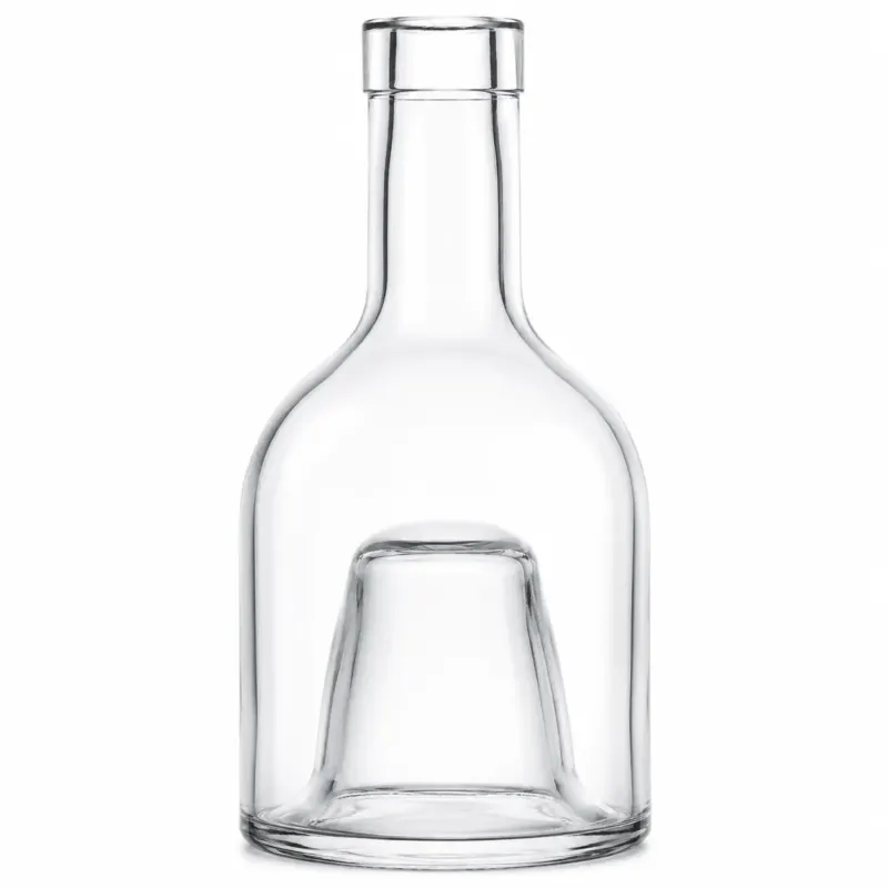 Freigestelltes Oberteil der klaren Pila-Stapelflasche mit 250 ml Volumen, bauchigem Glaskörper, kurzem Hals und kuppelförmiger Aussparung im Boden auf weißem Hintergrund