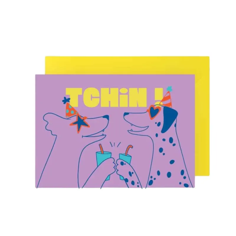 Postkarte mit Umschlag 'Hunde Tchin!' lila/gelb Querformat